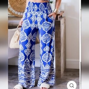 NWOT- Blue and White Wide Leg Pants-Large